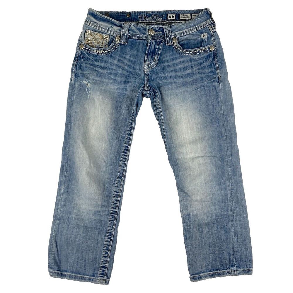 Miss Me Capri Womens Low Rise Distressed Blue‎ Denim Jeans Size 26